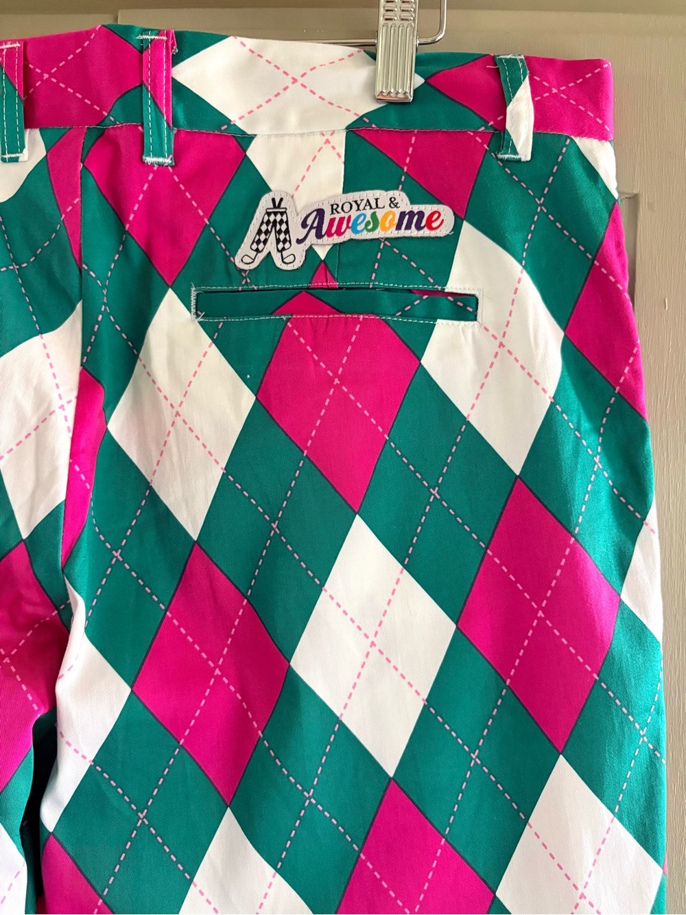 ROYAL & AWESOME Golf Pants | Par-Gyle | Masters Green & Hot Pink | Size 36/34 - Picture 6 of 9